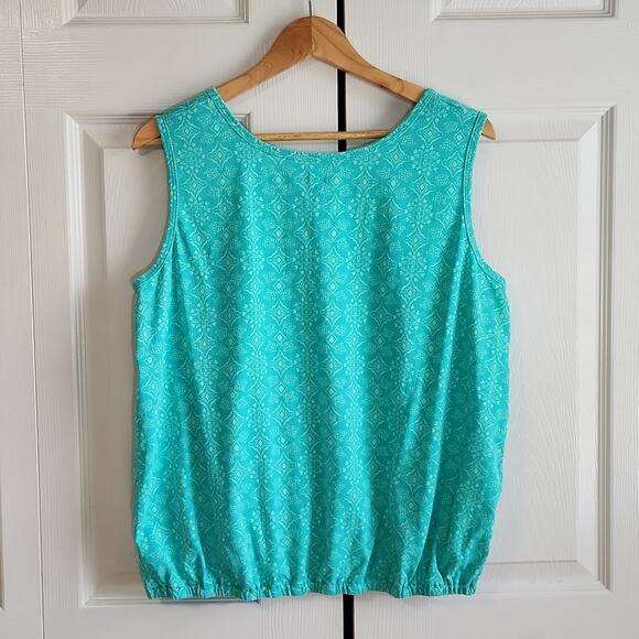 Woman Within Turquoise Geometric Sleeveless Top Size LG Elastic Waistband Comfy - Picture 2 of 7